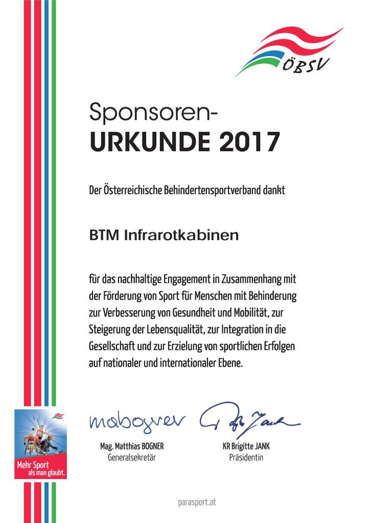 BTM Infrarotkabinen - Urkunde-2017